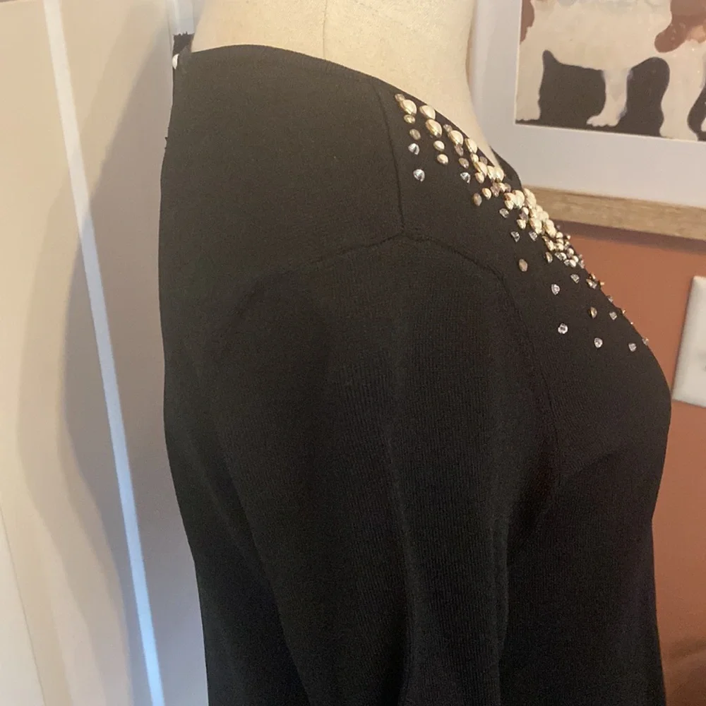 NWT White House Black Market Faux Pearl sparkle Neck LP pullover black sweater